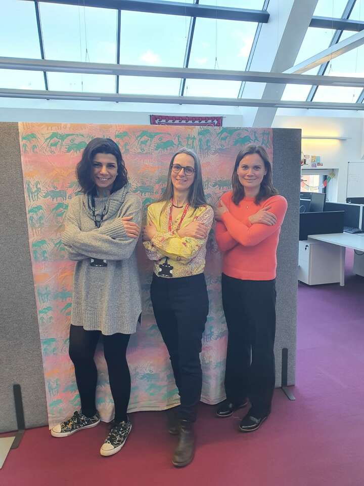 The LIGHT consortium's Knowledge Exchange Officer Taghreed El Hajj, Post-Doctoral Research Associate Beate Ringwald, and Research Uptake Manager Kerry Millington strike the #EmbraceEquity pose.